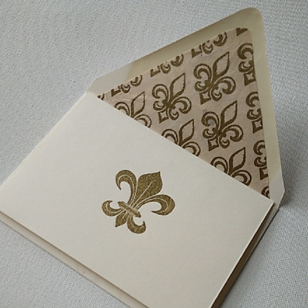 Handmade Gold Fleur de Lis Blank Greeting Card and Lined Envelope